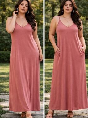 Zenana Premium Rose Maxi Slip Dress 1X Minimalist Stretch Lounge Capsule